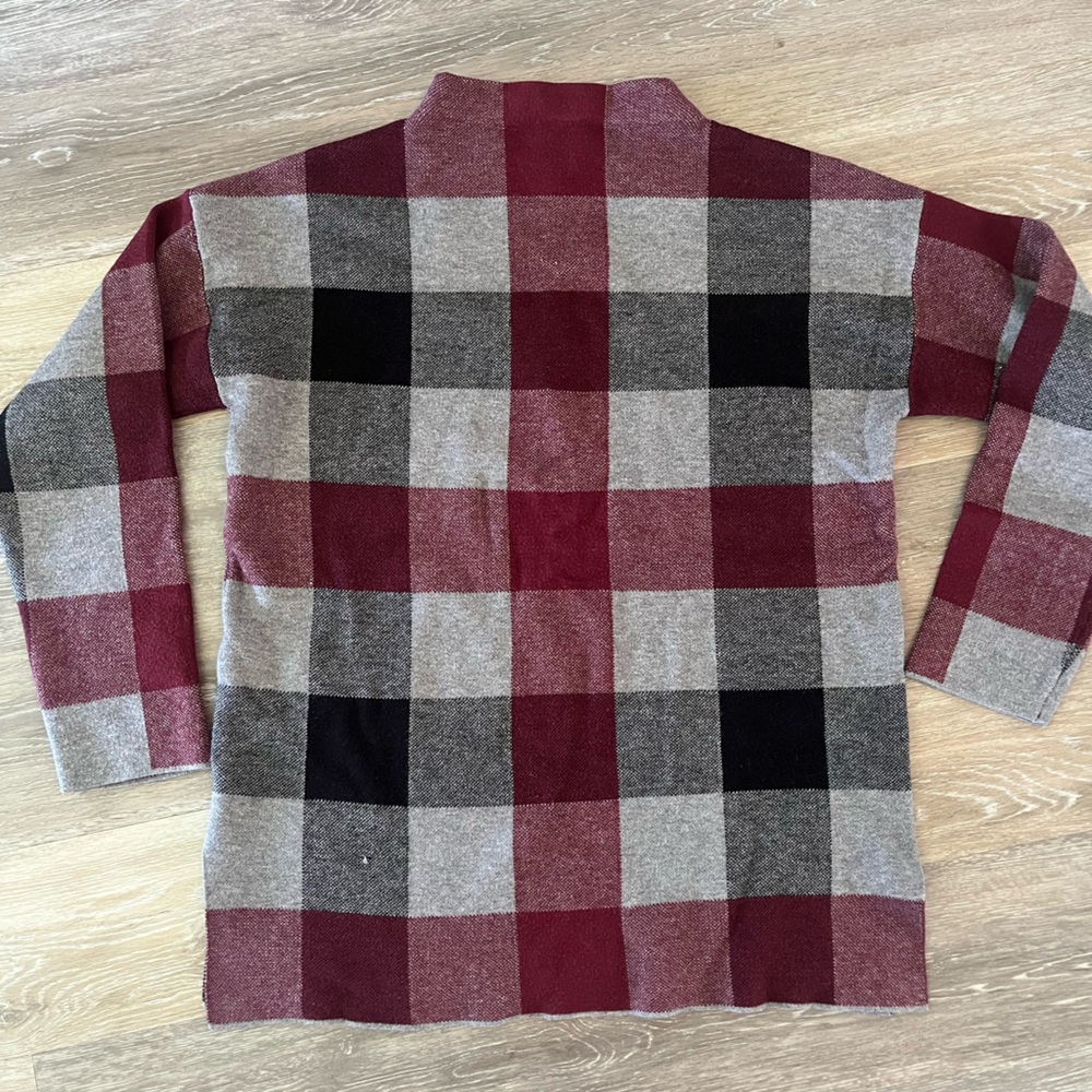 Tahari Burgundy Black Gray Plaid Mock Neck Top